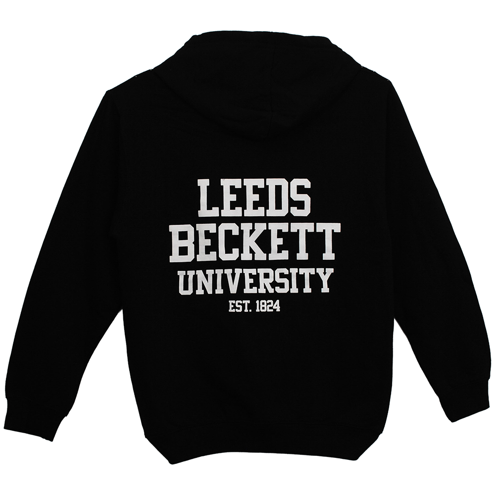 Black hoodie with 'Leeds Beckett University EST. 1924' text on the back