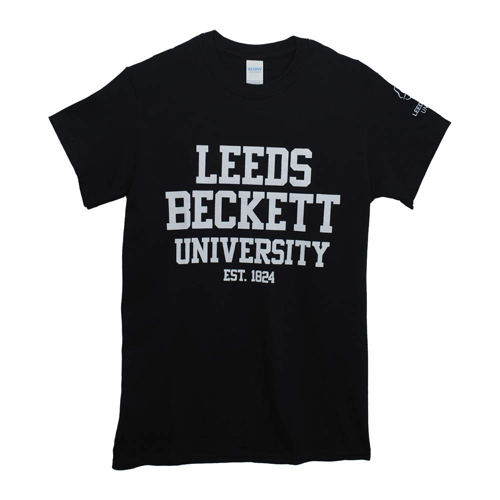 Black t-shirt with 'Leeds Beckett University EST. 1824' printed on a white background