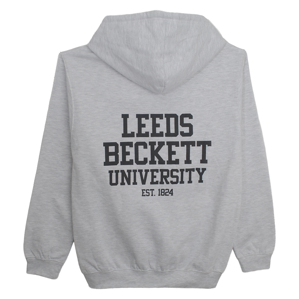 Gray hoodie with 'Leeds Beckett University EST. 1824' text on the back against a white background