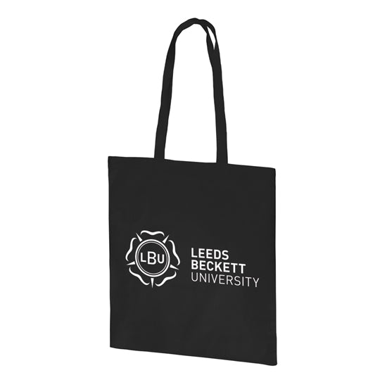 Black tote bag with 'Leeds Beckett University' logo on a white background
