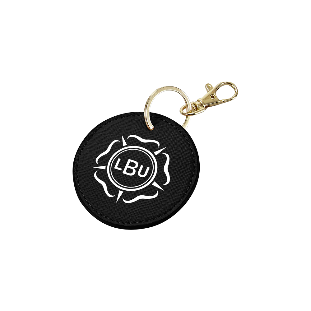 Black round keychain with 'LBU' logo on a white background