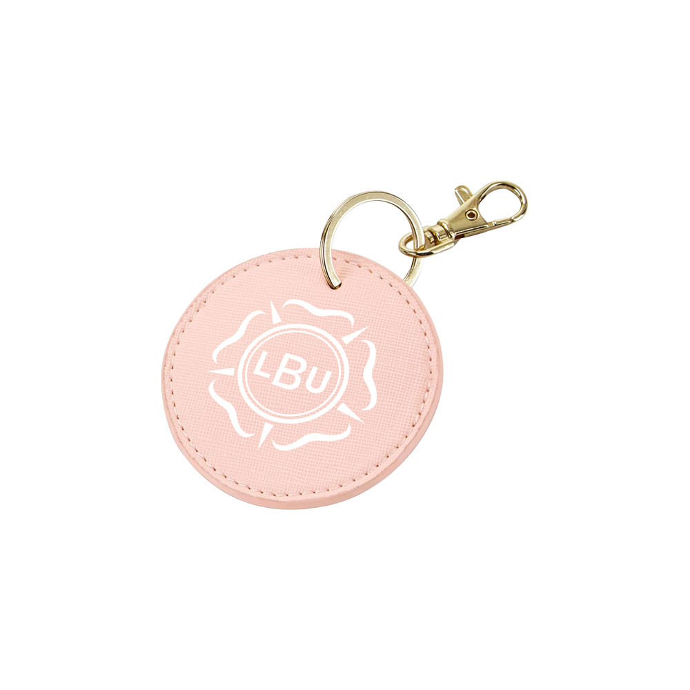 Pink keychain with 'LBU' logo on a white background