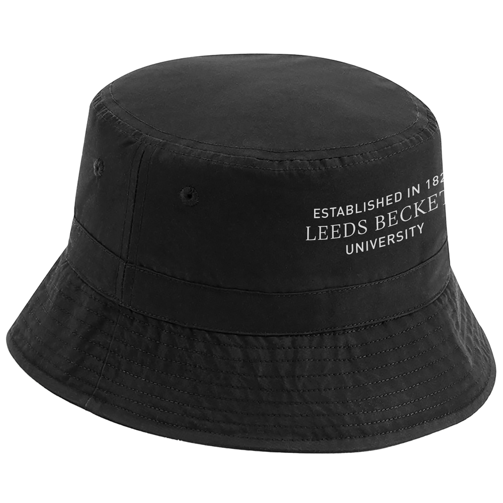 Black bucket hat with embroidered text on a white background