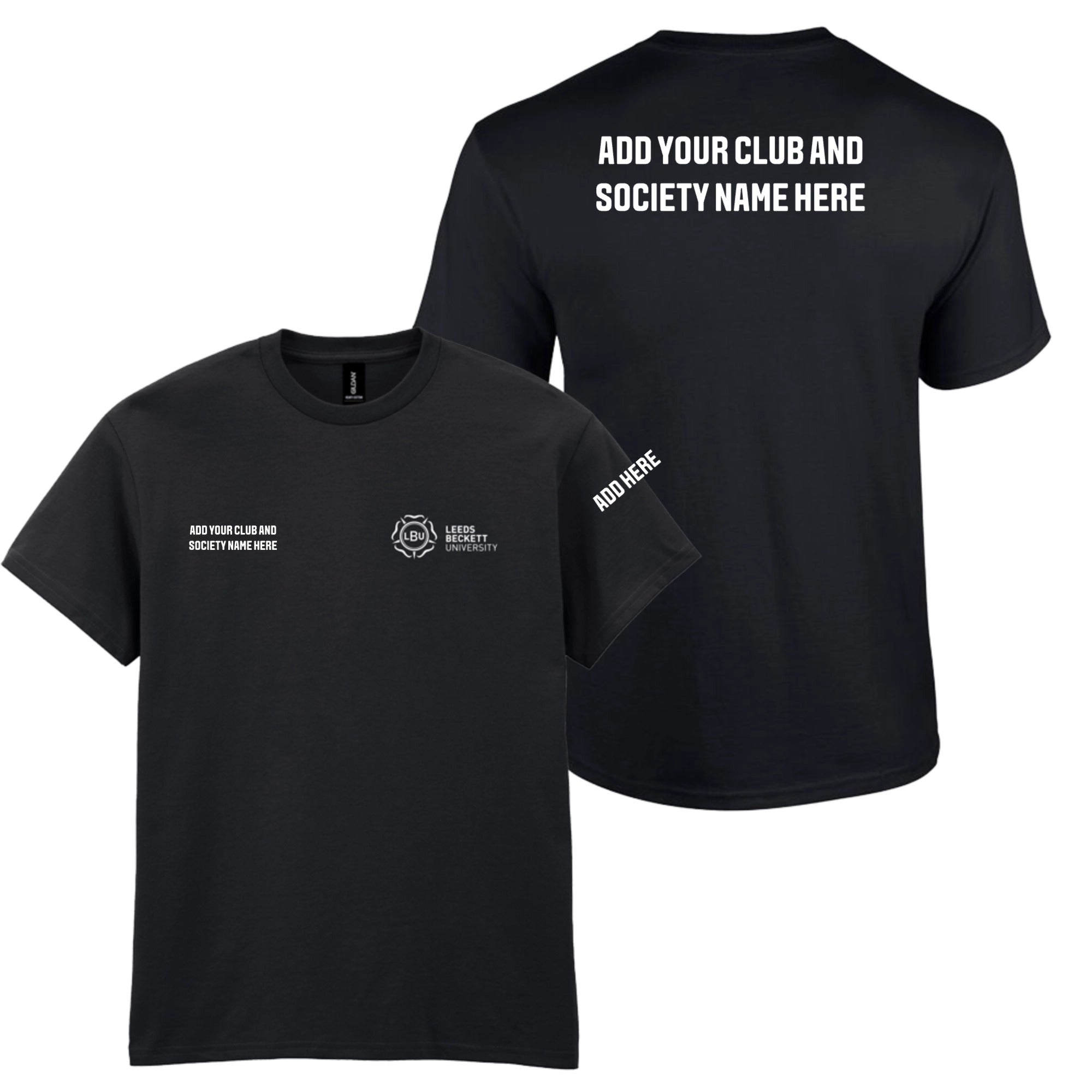 Customisable black t-shirt with options for print on left sleeve, right breast and back.