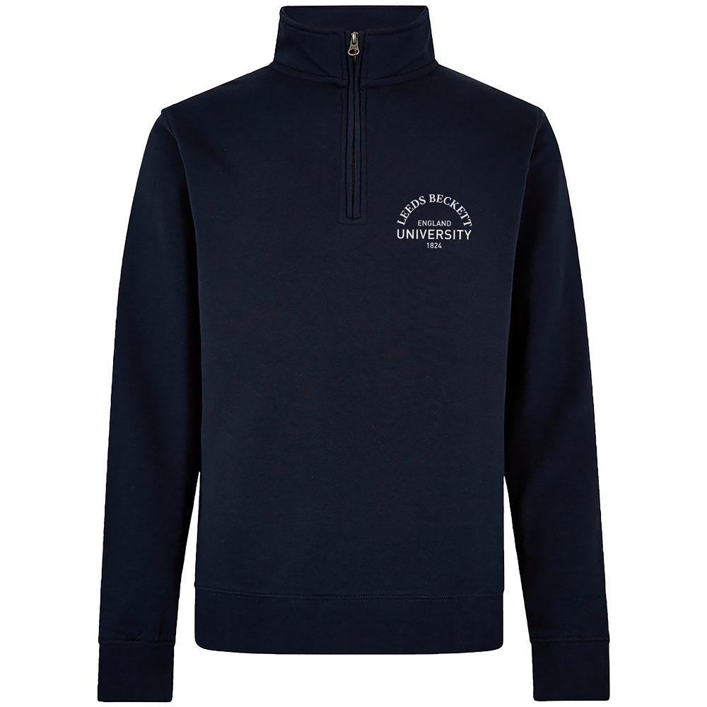 Navy blue sweatshirt with a logo on the chest against a white background