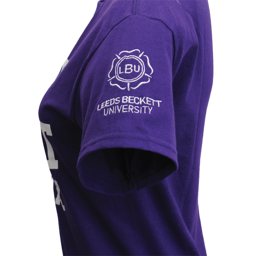 Purple t-shirt with 'Leeds Beckett University' logo on a white background