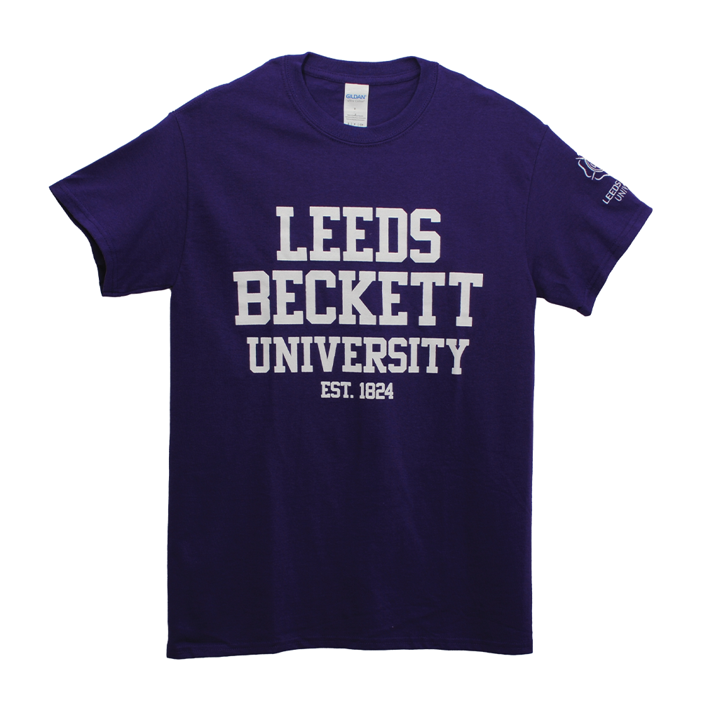 Purple t-shirt with 'Leeds Beckett University' text on a white background