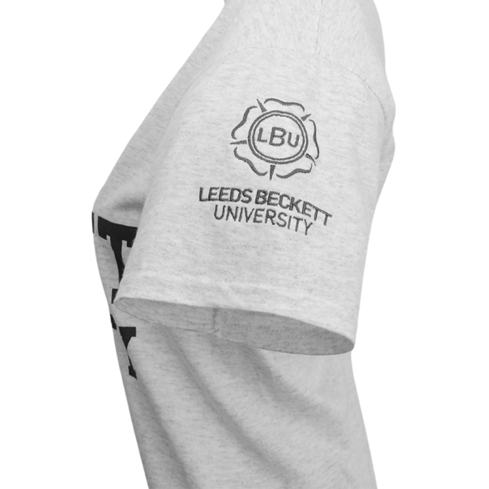 Gray sweatshirt with 'Leeds Beckett University' logo on a white background