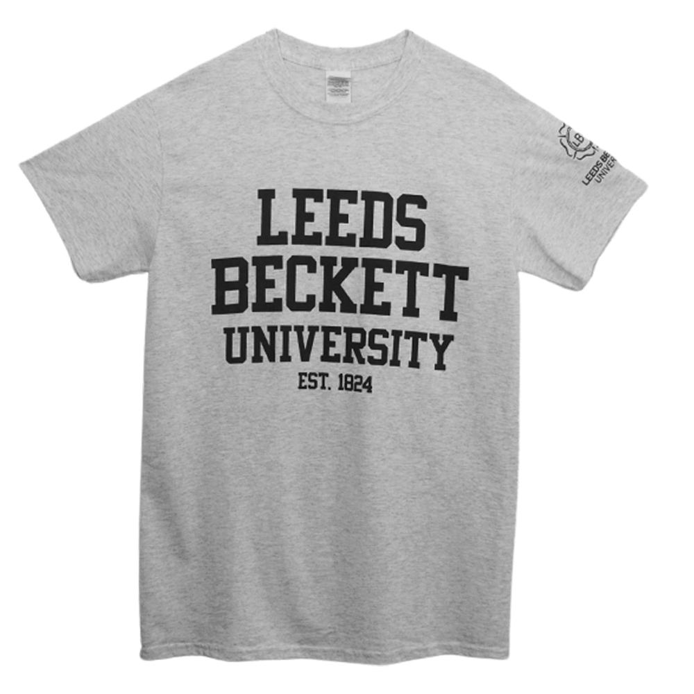 Gray t-shirt with 'Leeds Beckett University Est. 1924' text on a white background