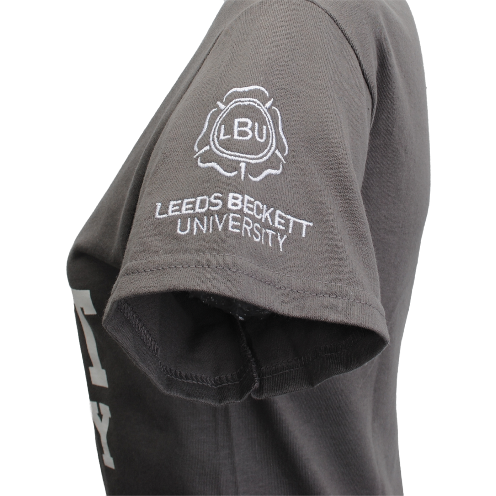 Gray t-shirt with 'Leeds Beckett University' logo on sleeve