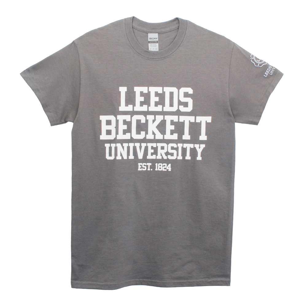 Gray t-shirt with 'Leeds Beckett University Est. 1824' text on a white background