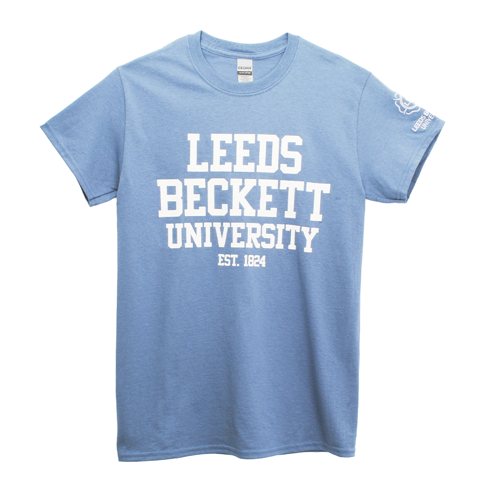 Light blue t-shirt with 'Leeds Beckett University' text on a white background
