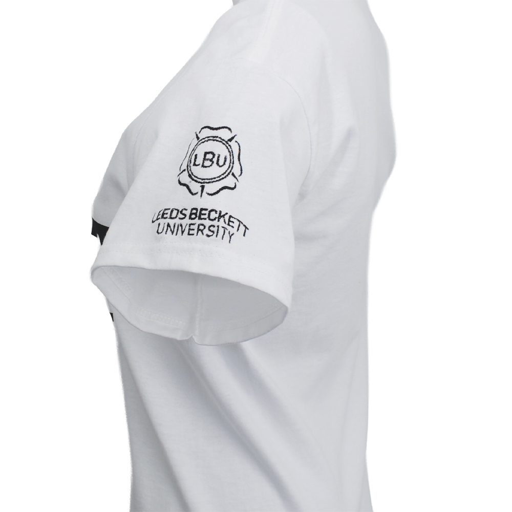 White sleeve of a top with 'Leeds Beckett University' text and logo on a white background