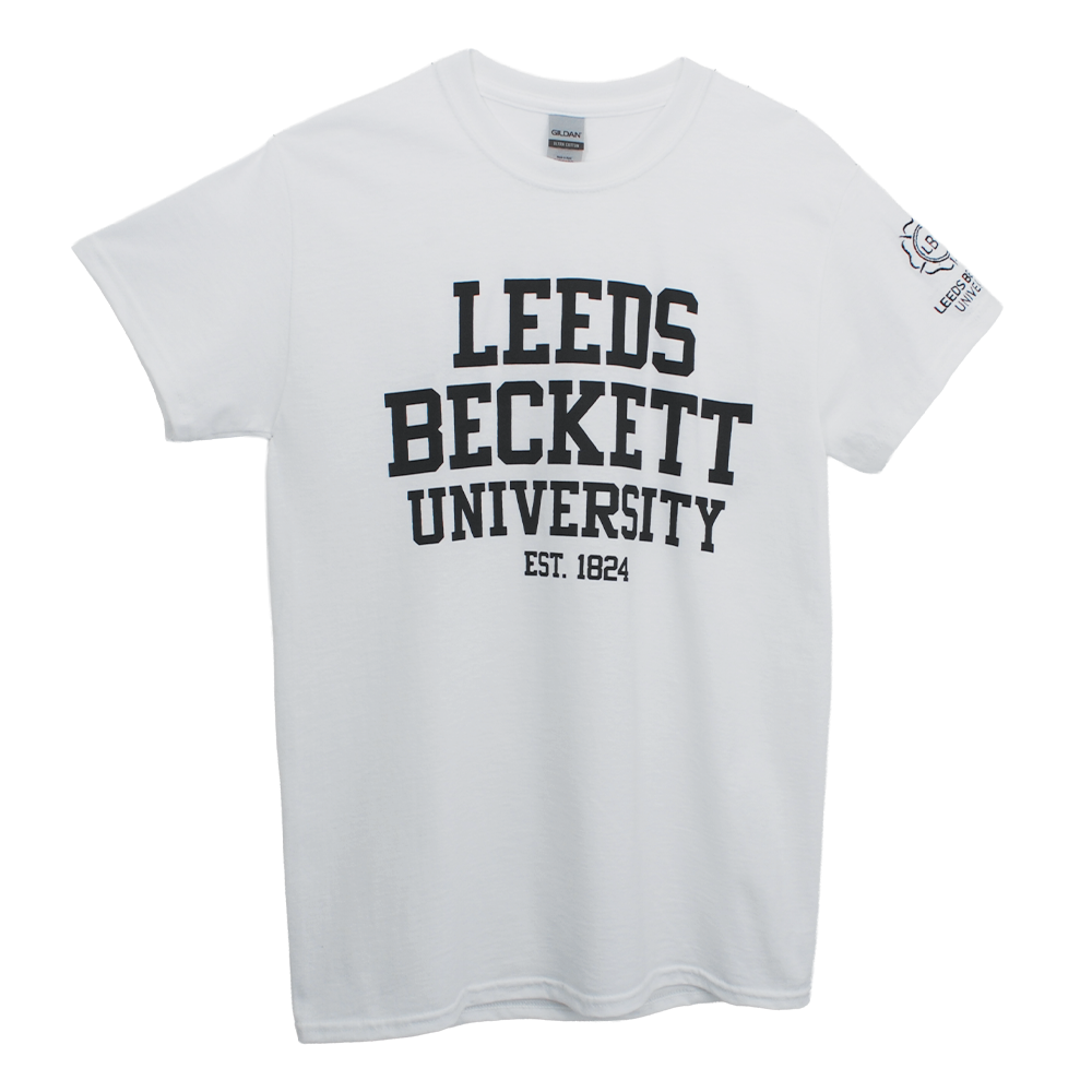 White t-shirt with 'Leeds Beckett University Est. 1824' text on a white background