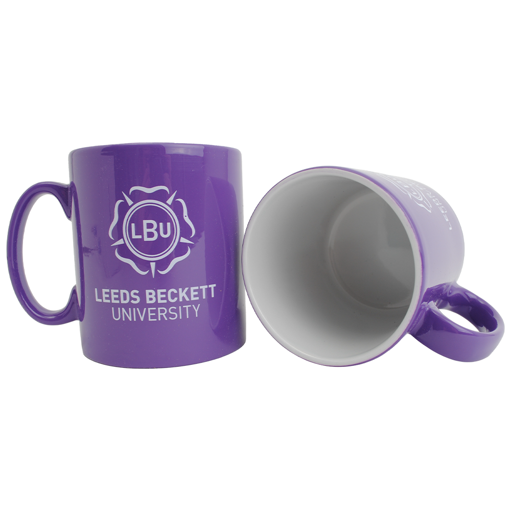 Purple mug with 'Leeds Beckett University' logo on a white background