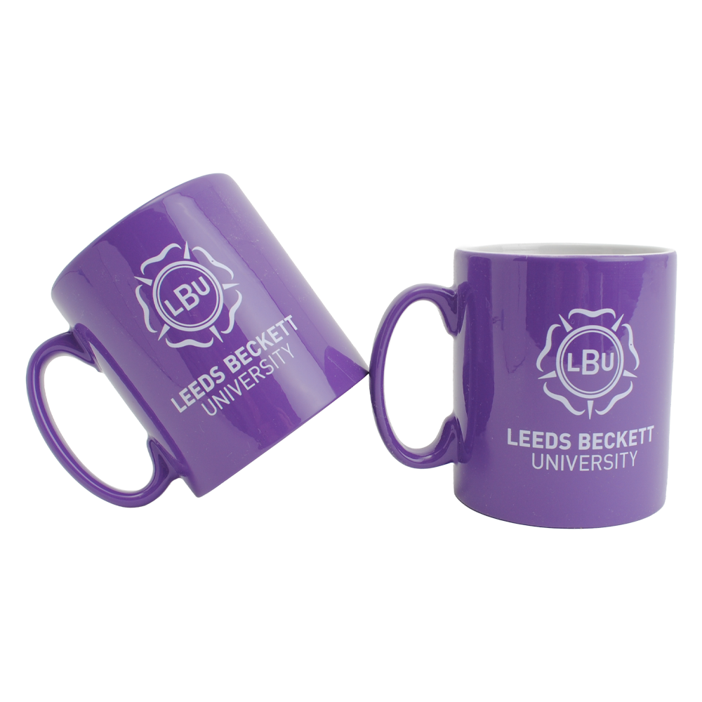 Two purple mugs with Leeds Beckett University logo on a white background