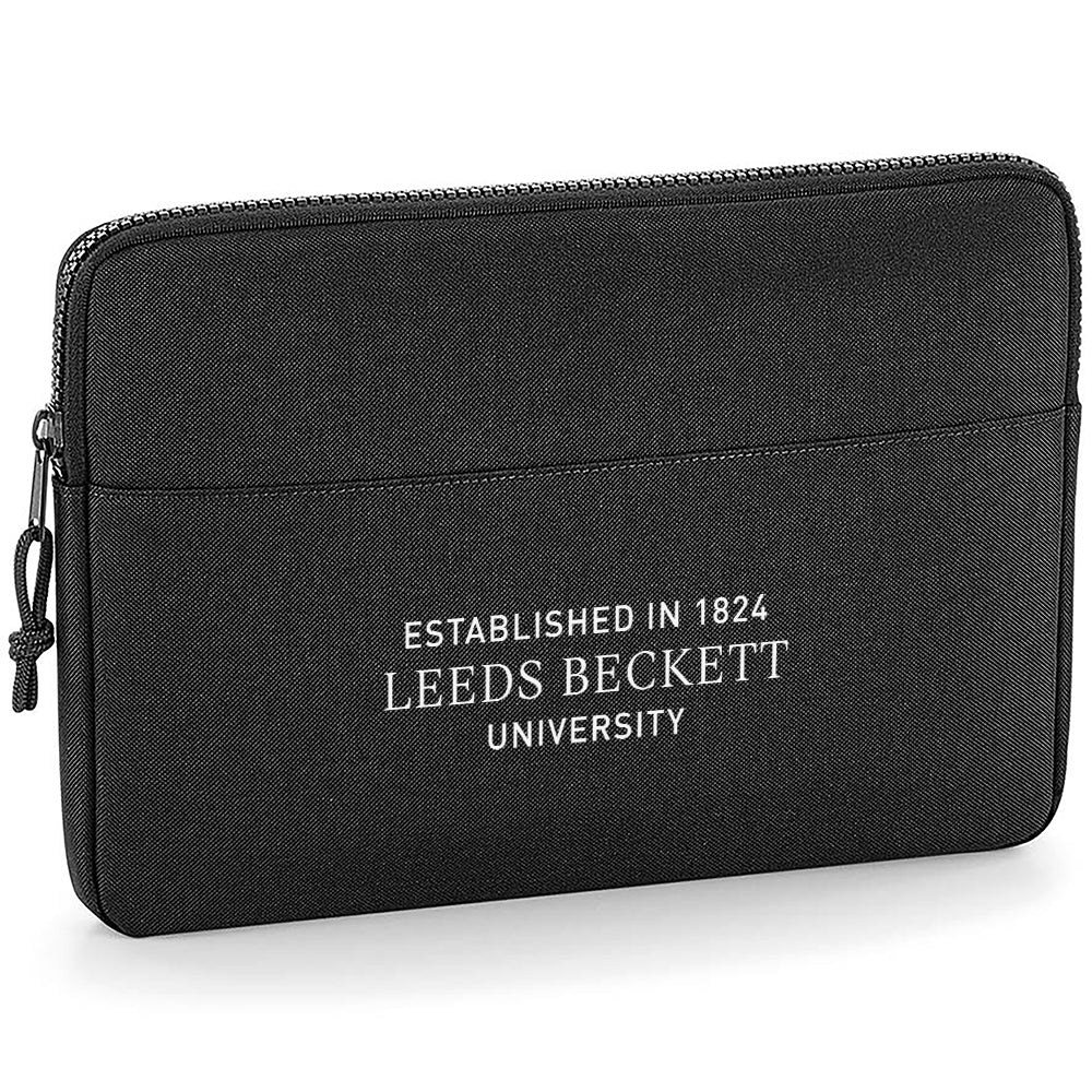 Black laptop case with 'Leeds Beckett University' text on a white background