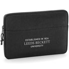 Black laptop case with 'Leeds Beckett University' text on a white background