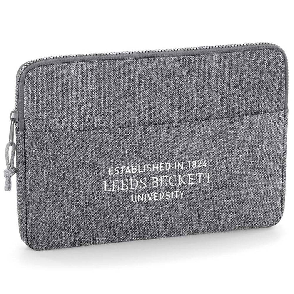 Gray laptop sleeve with 'Leeds Beckett University Established in 1824' text on a white background