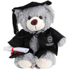 Gray teddy bear in graduation attire with a diploma, wearing a black cap and gown with 'Leeds Beckett University' text.