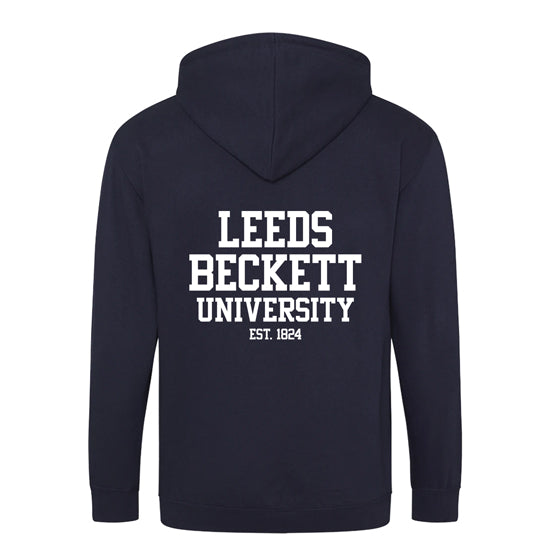 Navy hoodie with 'Leeds Beckett University EST. 1824' text on the back against a white background