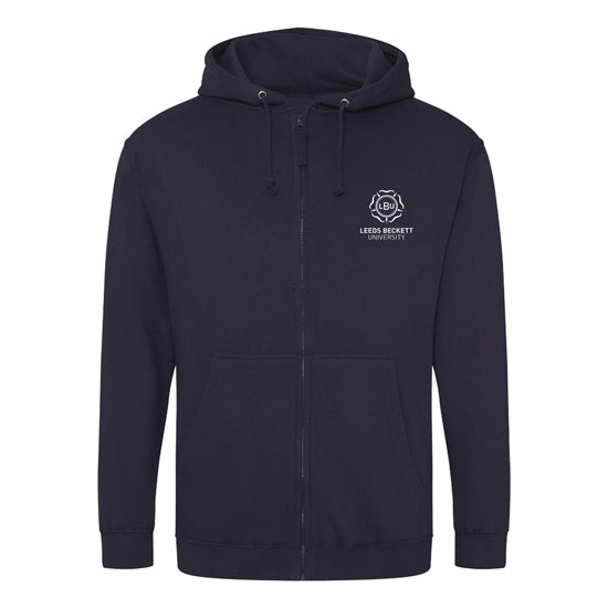 Navy blue hoodie with a logo and text on the chest against a white background
