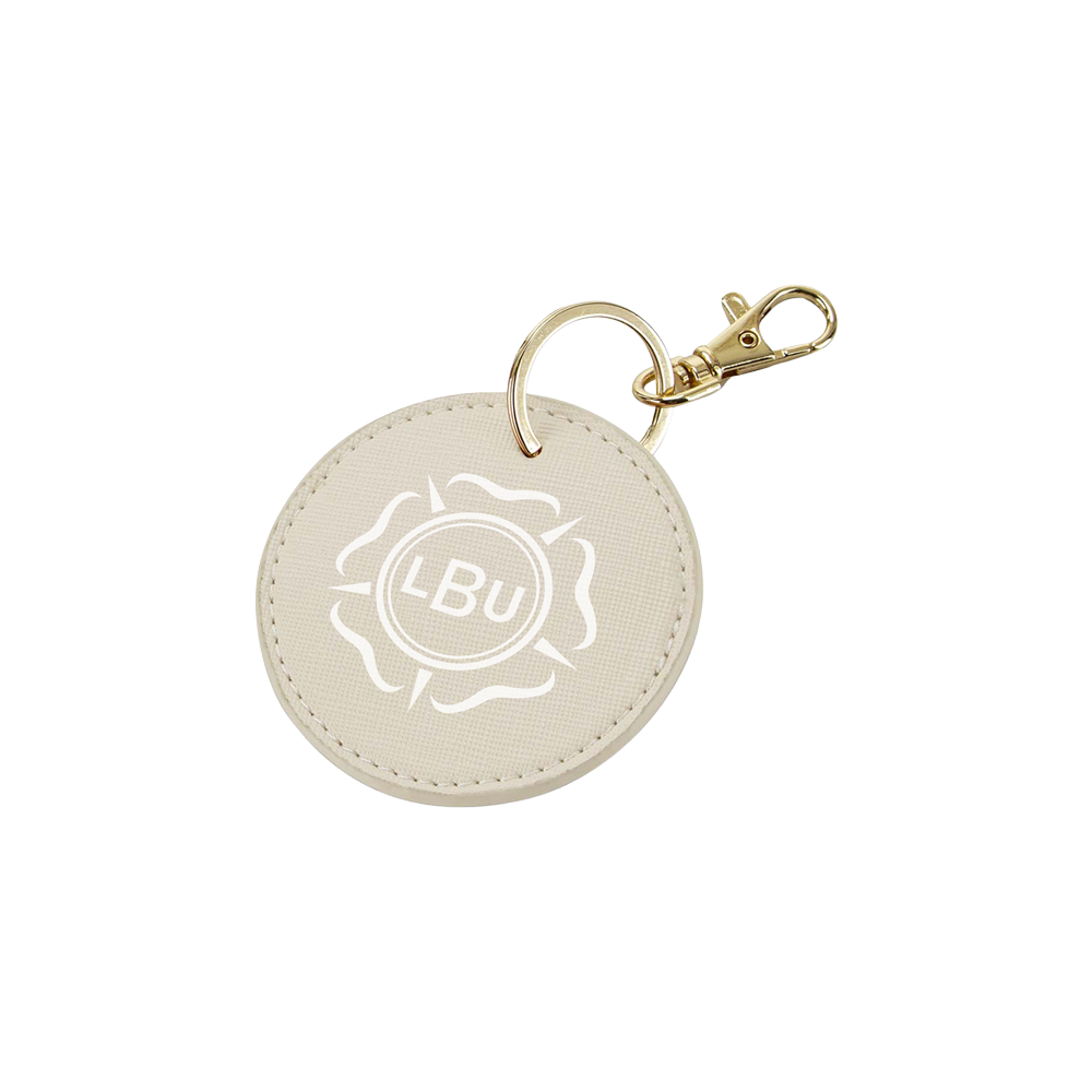 Round beige keychain with 'LBU' logo on a white background