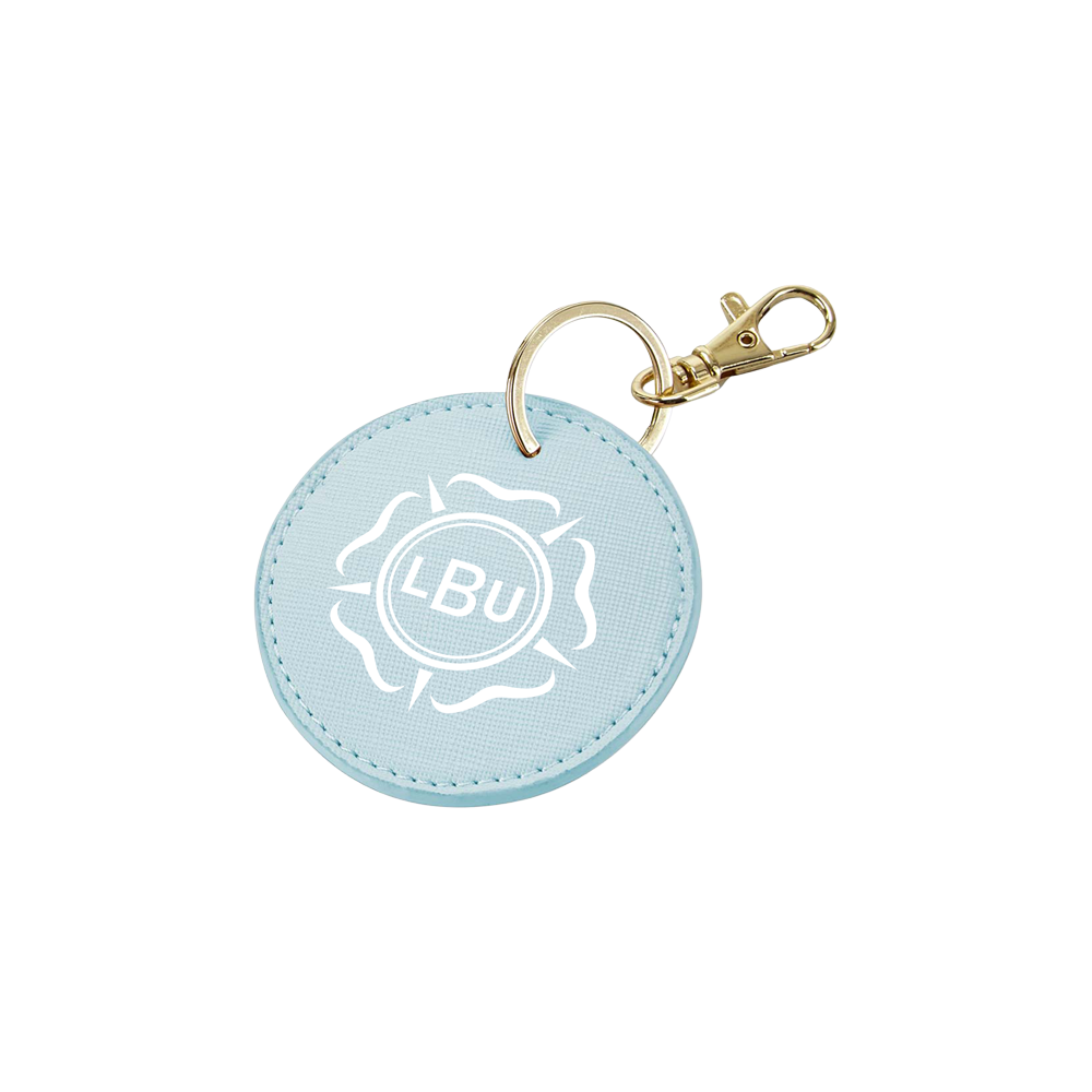 Light blue round keychain with 'LBU' logo on a white background