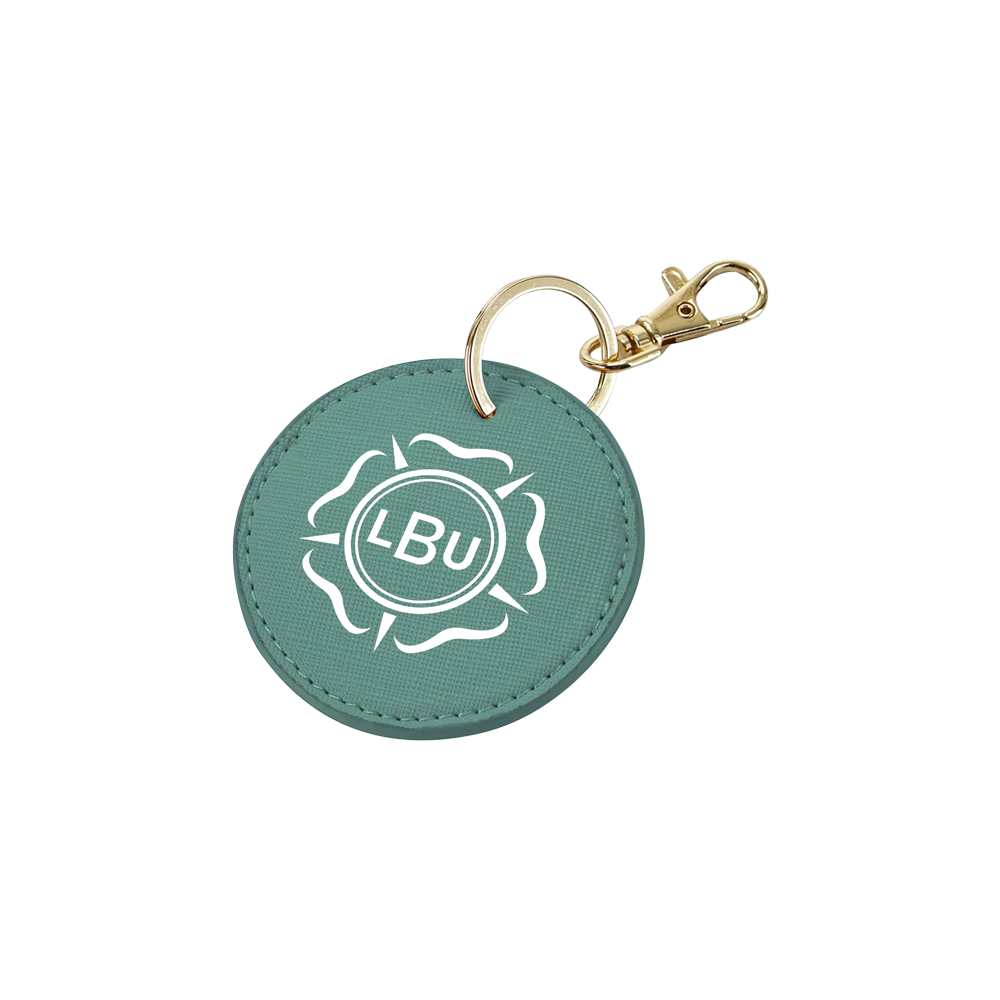 Green round keychain with 'LBU' logo on a white background