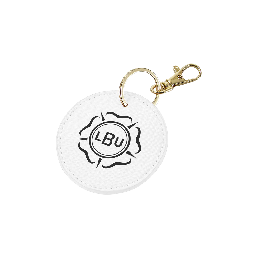 White round keychain with 'LBU' logo on a white background