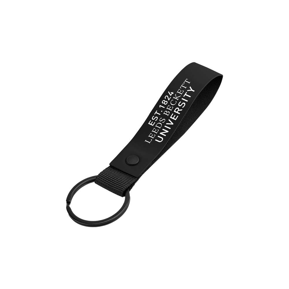 Black keychain with 'Leeds Beckett University' text on a white background
