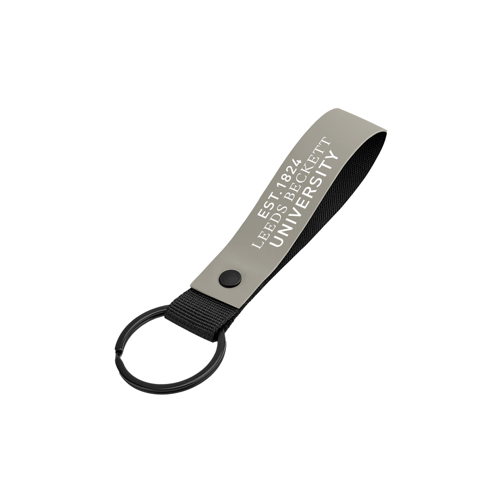 Keychain with 'Leeds Beckett University' text on a white background