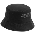 Black bucket hat with embroidered text on a white background