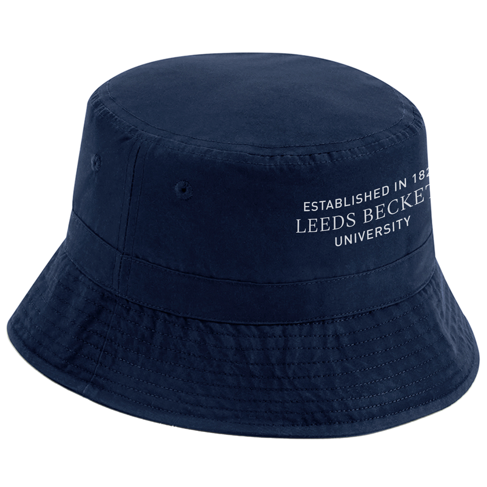 Navy bucket hat with 'Leeds Beckett University' text on a white background